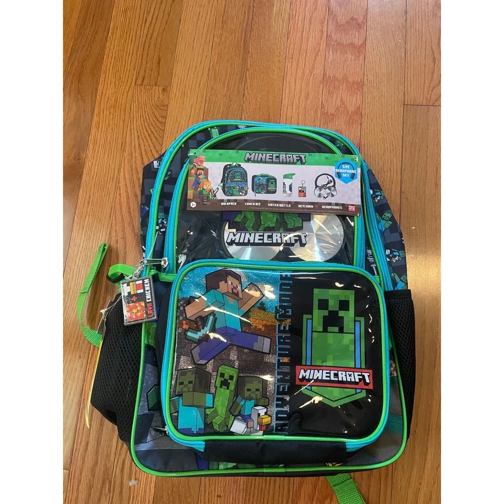 Minecraft 5 Piece Backpack Set with Headphones Lunch Bag Water Bottle Keychain